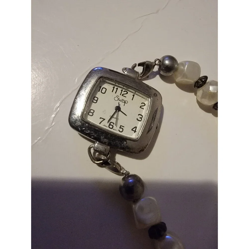 Swap Ladies Watch Quartz Japan Movement White Stone Like Bead